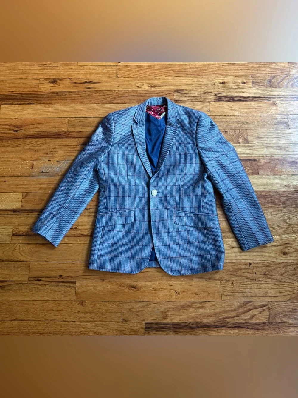Elie Balleh Boys Gray Plaid Blazer – Size 10–12